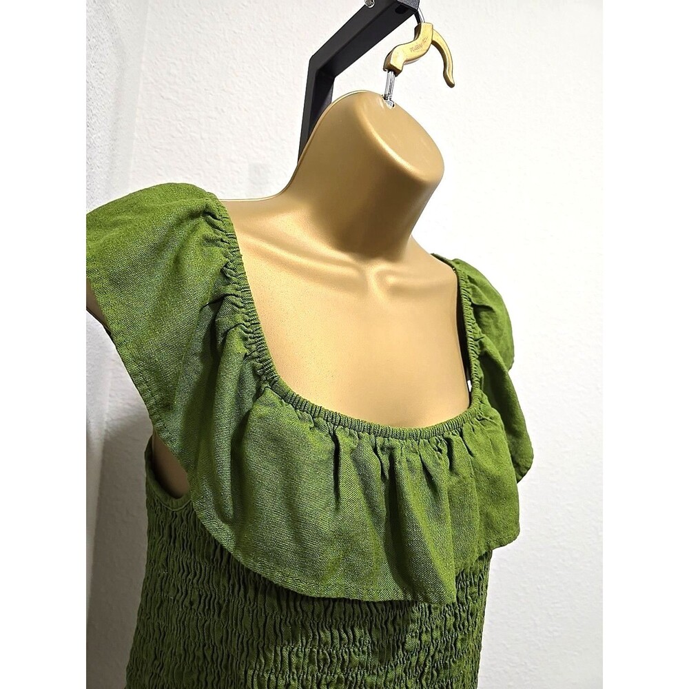 Linen Blend Stretch Top Womens Sz XL Green Ruffle Smocked Cottage Boho Peasant